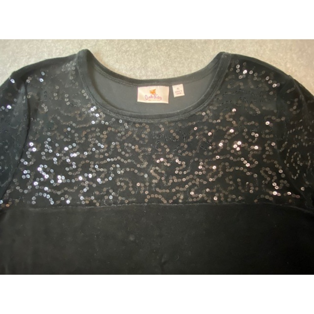Quacker Factory Sequin Velour Short Sleeve Black Blouse Women's XL
